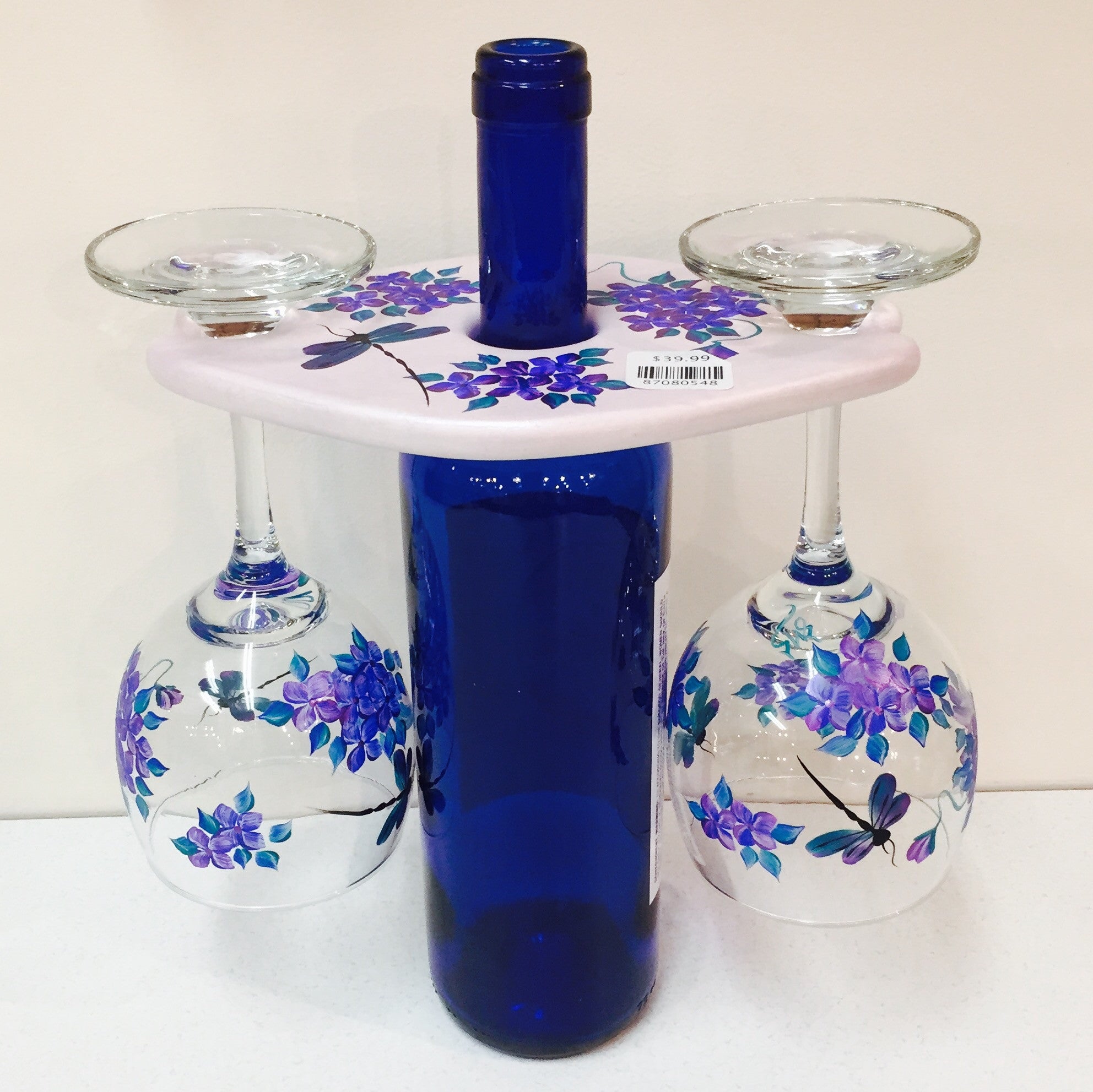 Caddy Set w/ 2 Wine Glasses-Blue, Purple, & Green Hydrangea w/ Dragonflies