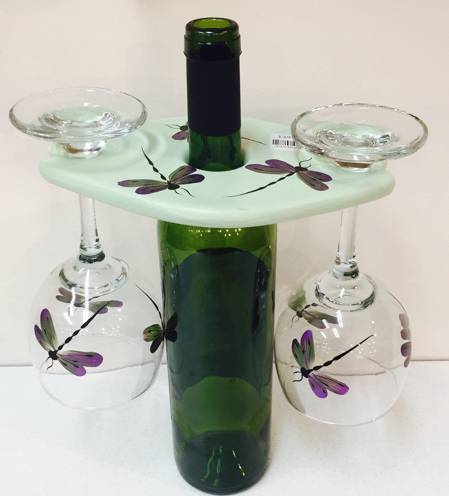 Caddy Set w/ 2 Wine Glasses-Purple & Green Dragonfly & Hydrangea