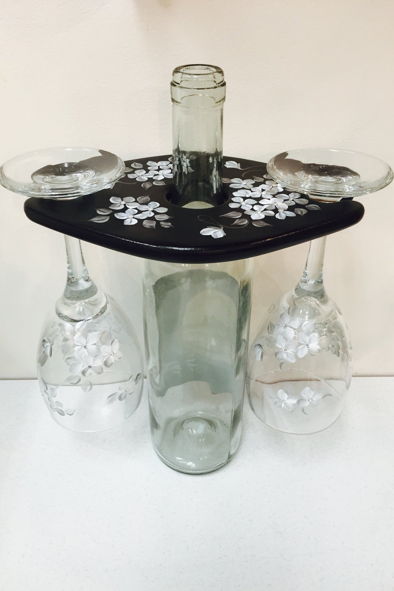 Caddy Set w/ 2 Wine Glasses-Silver & White Hydrangea (swarovski crystal accents)