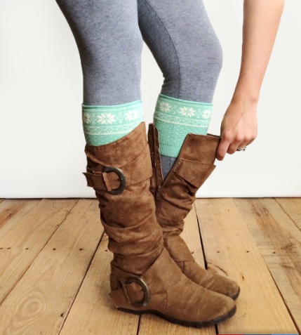 Patterned Boot Cuff-Snowflake Mint/Cream