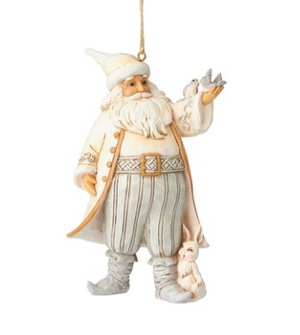 White Woodland Santa w/ Birds Ornament