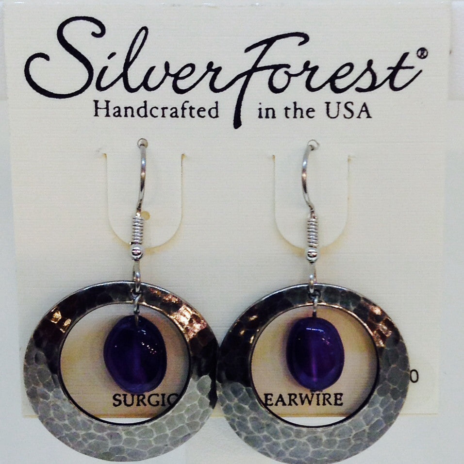 Silver Circle Earring With Purple Stone