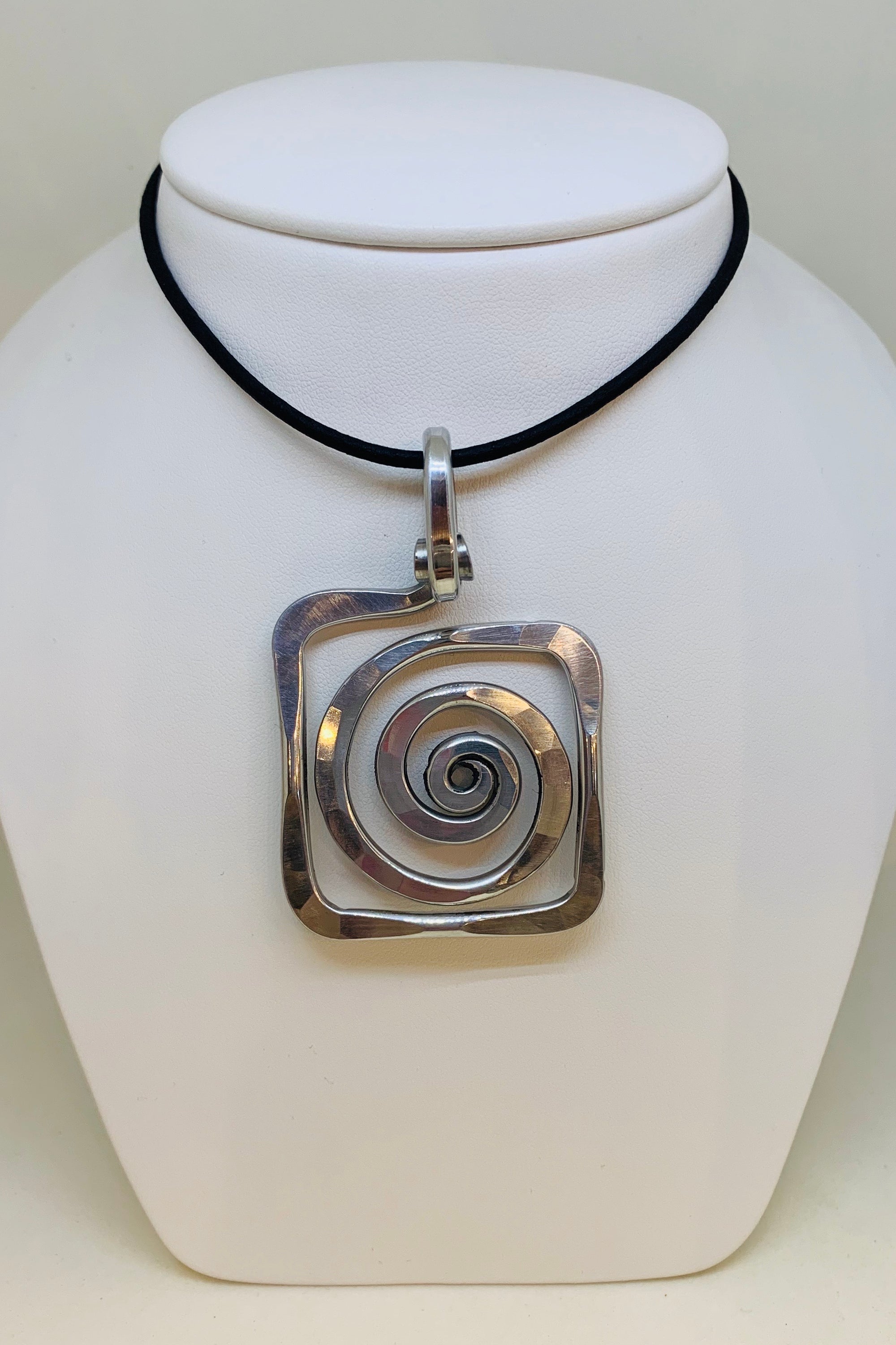 Square Curl Necklace w/ Black Leather Cord