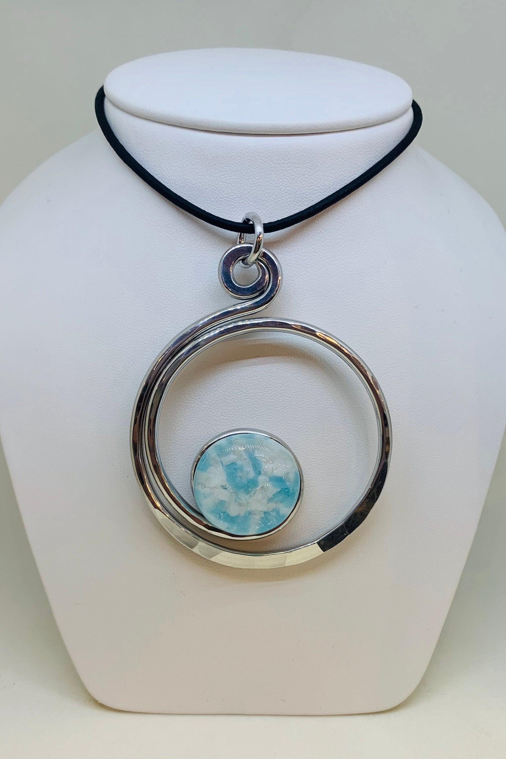 Open Curly Q Necklace w/ Blue/White Stone & Black Leather Cord