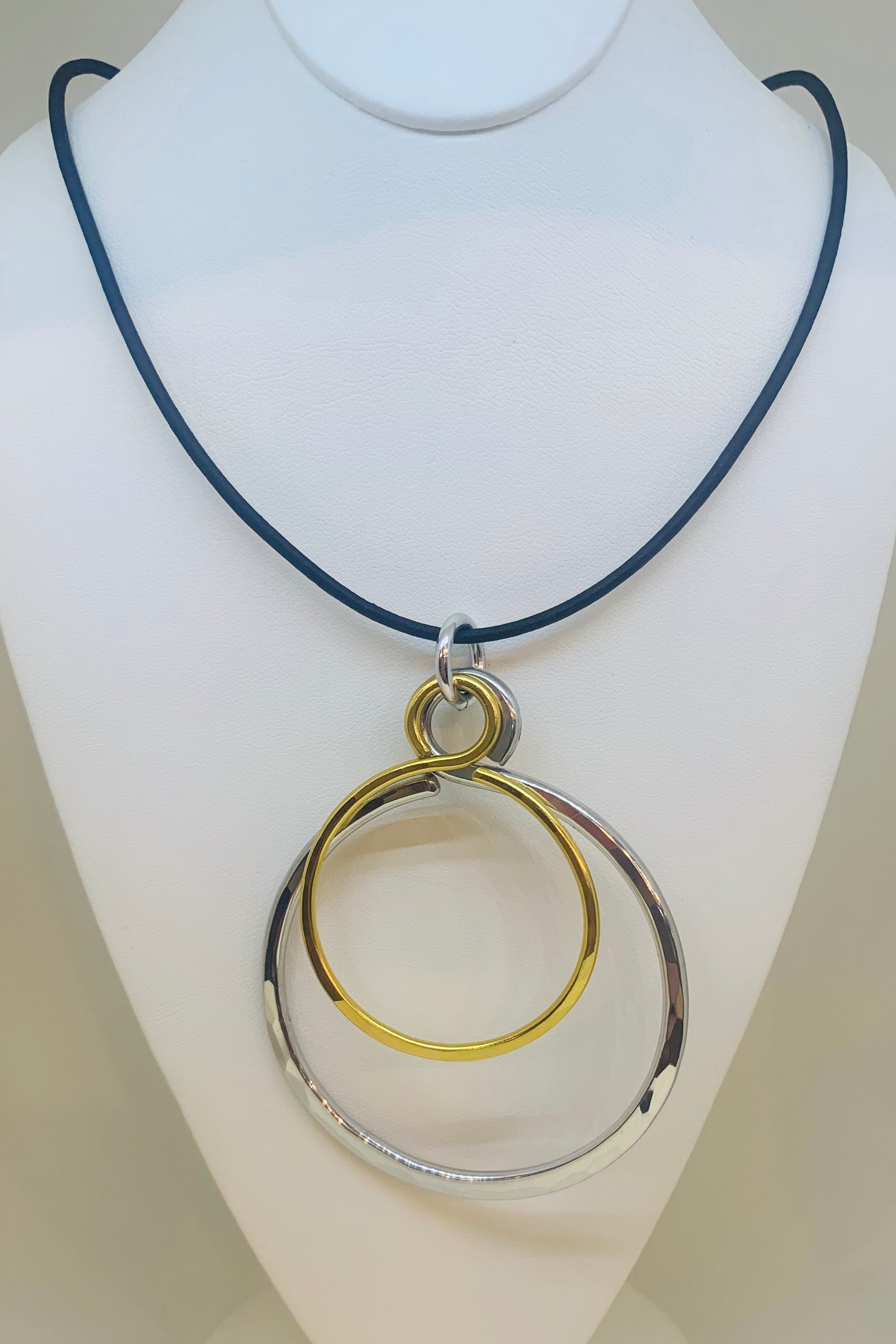 Two-Tone Circle Double Necklace w/ Black Leather Cord