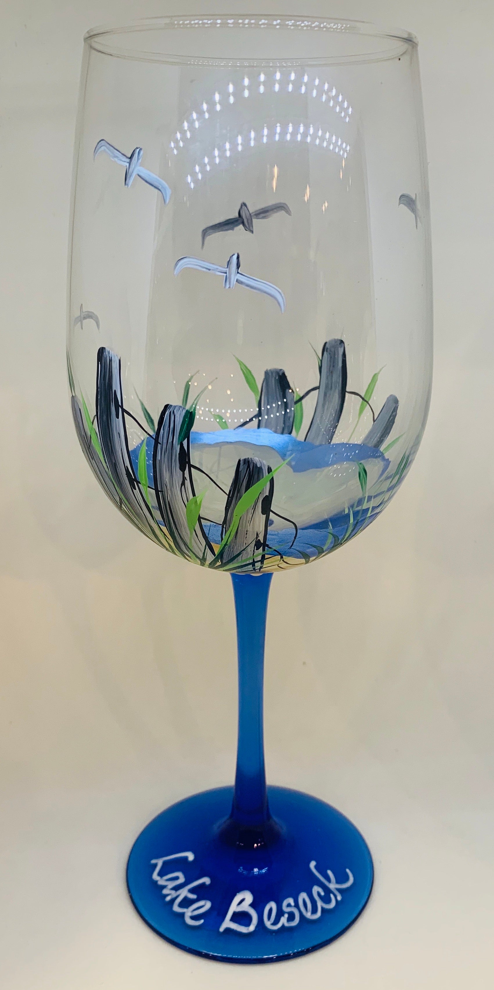 20 oz Wine Glass-Beach Scene/Blue Stem/Lake Beseck