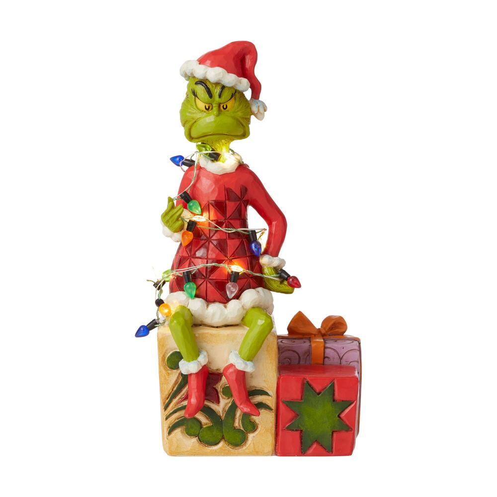 Grinch on Present Wrapped in Lights Figurine